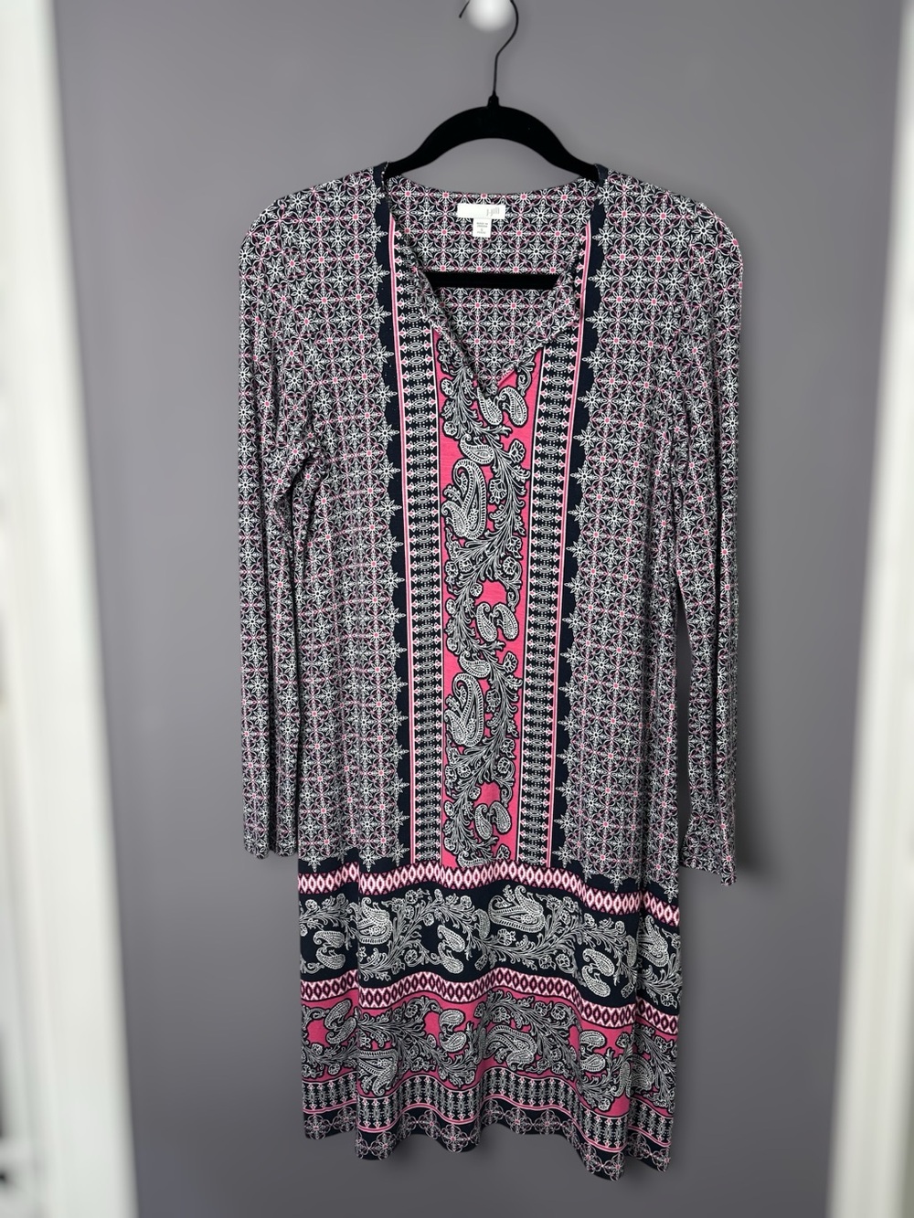 J.Jill Pink Navy Blue Paisley Geometric Notch V Neck Shift Dress Small Petite
